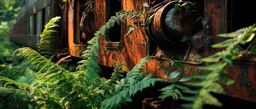 Verrosteter Zug mit Farnen – Naturlich von Poster Art Shop