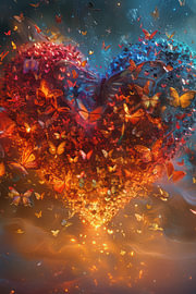 Colourful abstract butterfly art with a glowing heart by Wilma Mesman