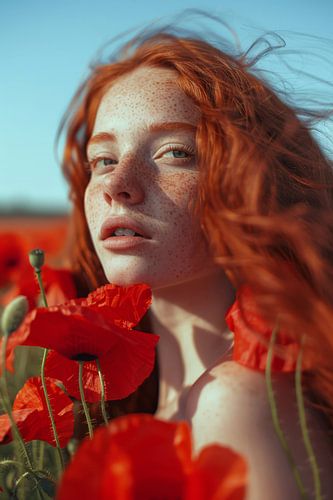 Red flowers and radiant hair