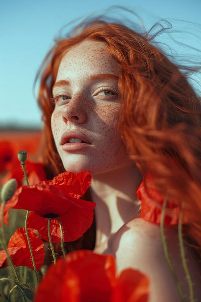 Red flowers and radiant hair by Poster Art Shop