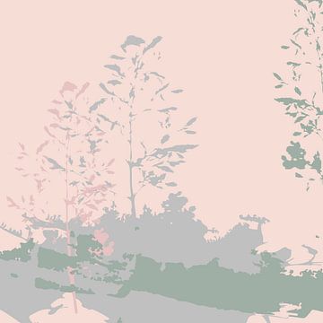 Grijs, roze, groene bladeren. Zachte en tedere botanische kunst in pasteltinten. van Dina Dankers