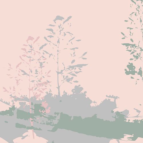 Grijs, roze, groene bladeren. Zachte en tedere botanische kunst in pasteltinten.