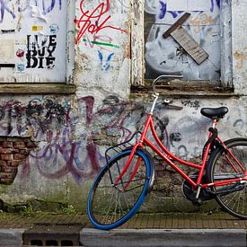 Red bike against a grafitti wall van Ton Hazewinkel