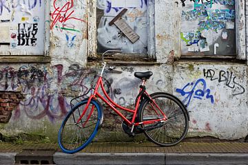 Red bike against a grafitti wall van Ton Hazewinkel