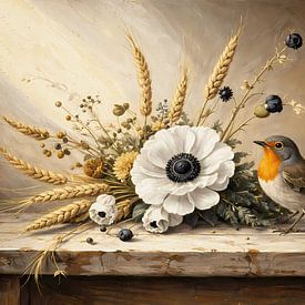 Roodborstje bij droogbloem boeket van Emiel de Lange