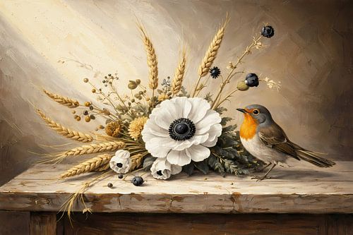 Roodborstje bij droogbloem boeket