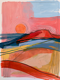 Abstract landscape with an orange sun by Lina van Oers