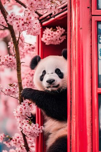 Panda in telefooncel met kersenbloesems