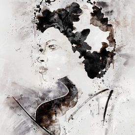 Portret van een Afrikaanse vrouw in aquarel | zwart, wit, bruin, taupe, aubergine en oud roze van MadameRuiz