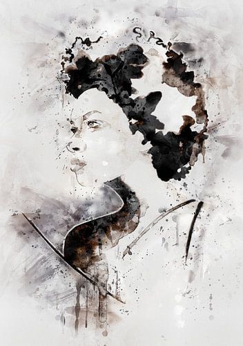 Portret van een Afrikaanse vrouw in aquarel | zwart, wit, bruin, taupe, aubergine en oud roze