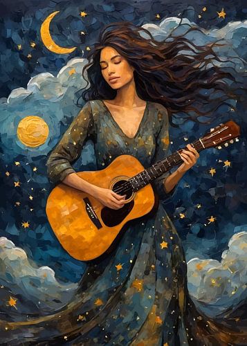Vrouw speelt akoestische gitaar onder sterrenhemel