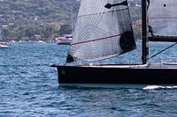 The bow of a sailboat