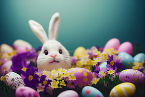 Süßer weißer Osterhase mit Ostereiern Illustration 06