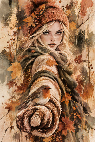Autumn – a woman with a robin on her hand