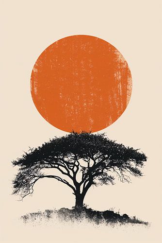 Minimale boom silhouet tegen oranje zon