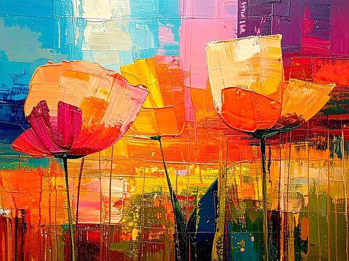 Champ estival avec des coquelicots abstraits aux couleurs chaudes