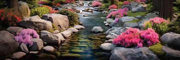 Jardin de pierre japonais avec rivière et fleurs multicolores au printemps, Art Design sur Animaflora PicsStock