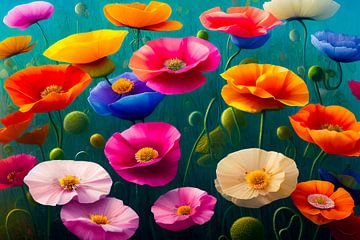 Kleurrijke Klaprozen, digital painting van Mariëlle Knops, Digital Art