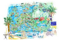Europe illustrated travel map with tourist highlights and attractions