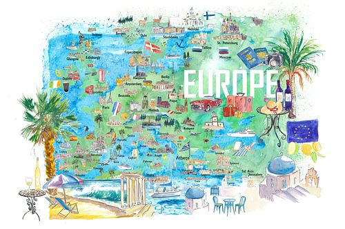 Carte de voyage illustrée de l'Europe avec les points forts et les attractions touristiques