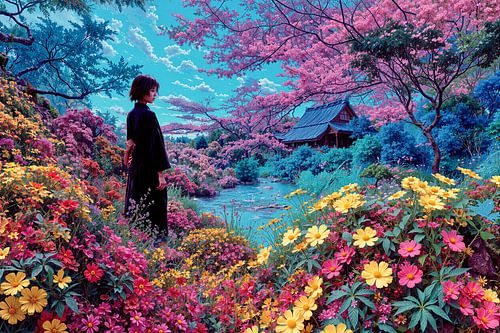 Japanerin im Garten mit vielen Blumen von Egon Zitter
