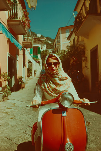 Kodachrome-Stil: Frau auf einem roten Roller in einer italienischen Gasse