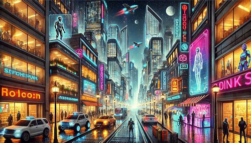 Cyberpunk Stad in het Maanlicht