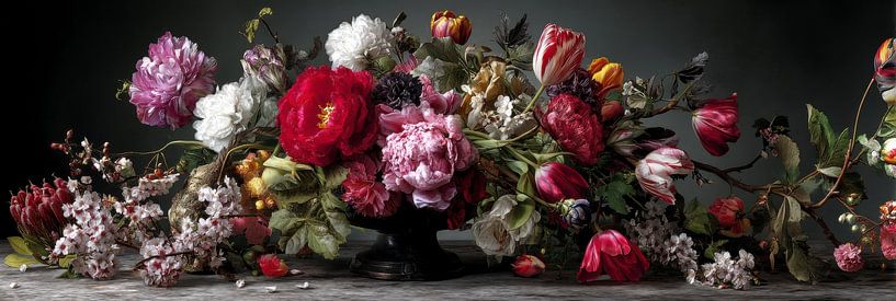 Still life with red and white flowers panorama by Digitale Schilderijen
