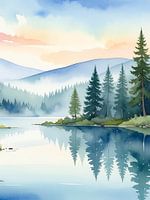 Nebliger Bergsee Sonnenaufgang