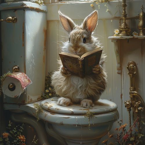 Pluizig konijn leest een boek op de toiletbril