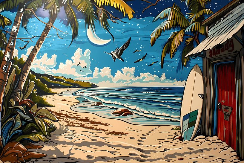 Nighttime beach with palm tree by Art & Soul Creations