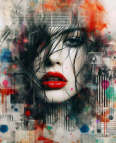 Vrouw met rode lippen in de krant