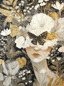 Frau mit Schmetterlingsmaske in einem Meer aus goldenen Blumen