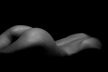 Low Key Bodyscape von Rücken und Gesäß einer Frau in Schwarz/Weiß von Art By Dominic