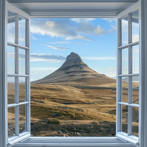 Uitzicht vanuit het raam op Kirkjufell