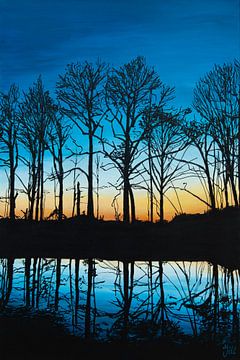Schilderij bomen zonsopgang van Bianca ter Riet