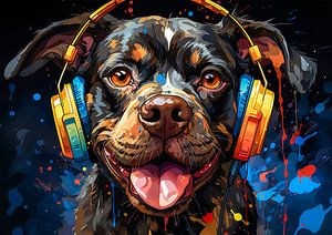 Un chien rigolo écoute de la musique