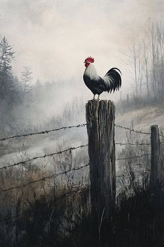 Coq dans un paysage brumeux