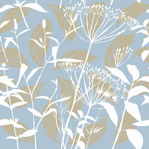 Botanica Delicata. Abstract Retro Flowers and Leaves in blue, white and dark gold by Dina Dankers