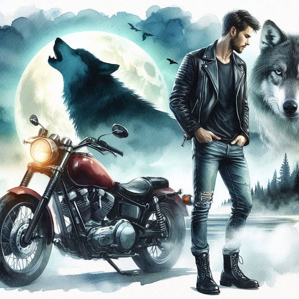 Mann mit Wolf und Motorrad von Bernhard Karssies