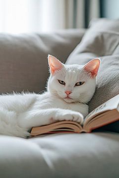 Ontspannende kat met boek op bank van Poster Art Shop