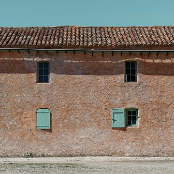 Old terracotta rural house with green shutters and tile roof in France by Dina Dankers