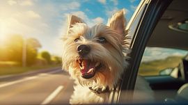 Kopf eines glücklichen Schoßterrier-Hundes, der aus dem Autofenster schaut.