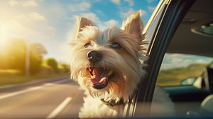 Kopf eines glücklichen Schoßterrier-Hundes, der aus dem Autofenster schaut.