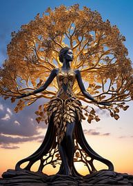 gold tree and woman