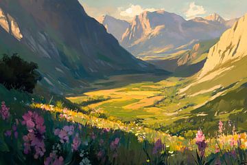 Berglandschap zee van bloemen