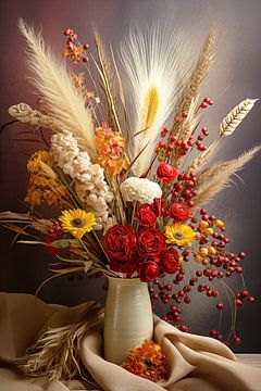 Earthen Allure: Bouquet and Wheat on a Beige Canvas by PixelMint.