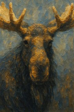 Koning van het woud (grove penseelstreken donker schilderij eland wild dier bos Canada Alaska) van Natalie Bruns