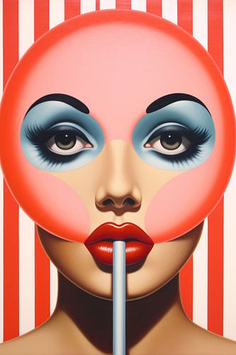 Gezicht met gestreepte lolly in popart