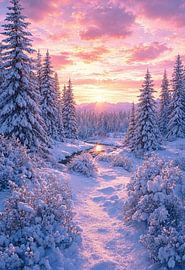 Winterse zonsondergang: een vredig besneeuwd bos en een bevroren beekje van Artistic